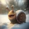 A funny happy Christmas snail in the snow