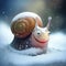 A funny happy Christmas snail in the snow