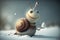 A funny happy Christmas snail in the snow