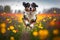 Funny and happy dog jumping on a flower meadow