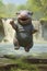 Funny happy laughing baby hippo dancing in a waterfall