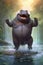Funny happy laughing hippo dancing in a waterfall