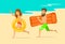 Funny happy man and woman running on a beach with inflatable swimming mattress and ring