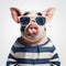 Funny And Happy Pig With Sunglasses In Red And Blue Sweater