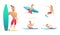 Funny and happy Surfer in different action poses. Cartoon character design.