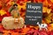Funny Happy Thanksgiving sign with a turkey on a hay