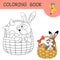 Funny Hare sitting in basket full of decorated Easter eggs. Coloring book with funny Rabbit. Template of colorless and color