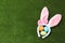 Funny headband with Easter bunny ears and dyed eggs on green grass, flat lay.