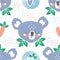 Funny heads of koalas with protruding tongue, green leaves and hearts design for printing on textiles, children`s clothing, paper.
