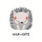 Funny hedgehog character, text Wild and cute