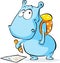 Funny hippo with school bag and crayon drawing - vector