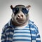 Funny Hippo Wearing Sunglasses In Blue Stripes - Conceptual Portraiture