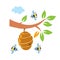 Funny honey bees and bee hive illustration set