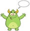 Funny Horned Green Monster Cartoon Character With Welcoming Open Arms And Speech Bubble