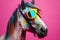 Funny horse wearing sunglasses in studio with a colorful and bright background. Generative AI