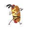 Funny hotdog ninja with sword, humanized fast food character with mustard vector Illustration