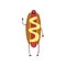 Funny hotdog showing thumb up, humanized fast food character with mustard vector Illustration