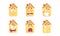 Funny House with Different Emotions Set, Cute Cottage Cartoon Character with Smiling, Dreaming, Whistling, Yawning Face