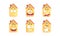 Funny House with Different Emotions Set, Cute Yellow Cottage Cartoon Character with Pensive, Surprised, Frightened