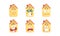 Funny House with Different Emotions Set, Cute Yellow Cottage Cartoon Character with Various Face Expressions Cartoon