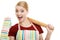 Funny housewife in kitchen apron holds baking rolling pin