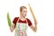 Funny housewife in kitchen apron holds baking rolling pin