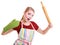 Funny housewife kitchen apron oven mitten holds rolling pin isolated