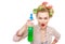 Funny housewife / woman spraying the cleaner