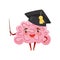 Funny humanized brain in black academic cap with pointer in hand. Cartoon character with happy face. Flat vector design