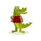 Funny humanized crocodile playing accordion. Green predatory animal. Flat vector element for children book