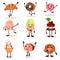 Funny humanized desserts cartoon characters set, croissant, donut, cake, ice cream, cookie with funny faces vector