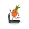 Funny humanized pineapple running on treadmill. Cartoon tropical fruit. Sport and physical activity theme. Flat vector