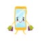 Funny humanized smartphone walking with shopping bags. Online buying. Cute cartoon character. Flat vector icon