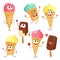 Funny ice cream characters, cones, popsicles with smiling human faces