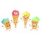 Funny ice cream characters, cones, popsicles with smiling human faces