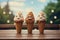 Funny ice cream cones with funny faces on wooden table against blurred background