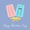 Funny ice cream couple with lips, mustaches and eyes. Bow on sticks. Happy Valentines Day. Love card. Rose quartz serenity color