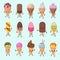 Funny ice cream vector characters with happy smiling faces