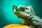Funny iguana wearing sunglasses in studio with a colorful and bright background. Generative AI