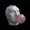 Funny illustration from 3d rendering of classical head sculpture blowing a pink chewing gum bubble. Isolated on black