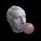 Funny illustration from 3d rendering of classical head sculpture blowing a pink chewing gum bubble. Isolated on black