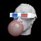 Funny illustration from 3d rendering of classical head sculpture blowing a pink chewing gum bubble. Isolated on black