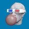 Funny illustration from 3d rendering of classical head sculpture blowing a pink chewing gum bubble. Isolated on blue