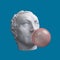 Funny illustration from 3d rendering of classical head sculpture blowing a pink chewing gum bubble. Isolated on blue