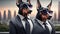 Funny illustration with Doberman dogs wearing sunglasses and a suit on a city background 4K