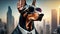 Funny illustration with Doberman dogs wearing sunglasses and a suit on a city background 4K