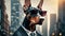 Funny illustration with Doberman dogs wearing sunglasses and a suit on a city background 4K