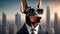 Funny illustration with Doberman dogs wearing sunglasses and a suit on a city background 4K