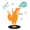 Funny illustration of a fox dancing on vinyl record