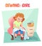 Funny illustration girl sewing